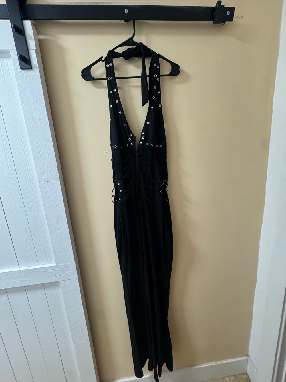 Black Halter Lace-Up Jumpsuit with Eyelet Accents
